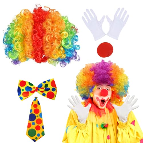 DAJASD Clown Kostüm, 5 Stück Clown Kostüm Accessoire, Clown Perücke +Clown Nase+2 Bunte Fliege+Handschuhe, für Kinder Damen Herren Halloween Kostümzubehör, KarnevalskostüMe von DAJASD