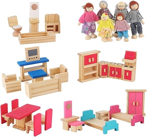 DAJASD Puppenhaus Puppenfamilie Set, Puppenhaus Möbel Zubehör, 31PCS Puppenhaus Zubehör, Puppenhaus Möbel Holz mit 6 Puppen, Puppenhaus Puppenfamilie Set für Puppenhaus Lebensszene Dekor von DAJASD