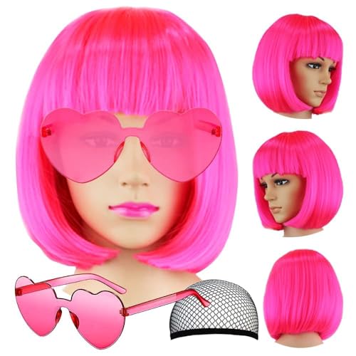 Party Perücke und Sonnenbrille Perücke Damen Kurz bob die haarmaske Cosplay Chef-Party mit Frauen und die herzförmige Sonnenbrille sind die Tops der neon-Party, Halloween von DAJOOEE