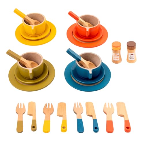 Kinderküche Zubehör Holz Geschirrset aus Holz Kinder 26 Teiliges Kindergeschirr Teeservice Set Holz Küchenzubehör Kochgeschirr Teller Set Pädagogisches Rollenspiel Spielküche Geschenk von DAKLUNAR