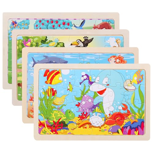 Tiere Puzzle ab 3 4 5 Jahre 4 Puzzle x 24 Stück Kinder Mädchen Holzpuzzle Vorschule Lehrreiches Spielzeug Montessori Puzzle Geschenke für Kinder für Jungen und Mädchen von DAKLUNAR