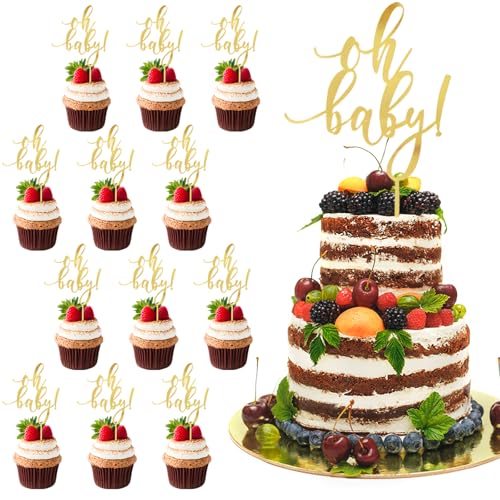 11 Stück Oh Baby Cake Topper Holz, Doppel-Seitiger Glitzer Acryl Oh Baby Kuchen Topper für Geburtstage, Partys, Hochzeiten, Valentinstag, Oh Baby Deko(Gold) von DALAETUS