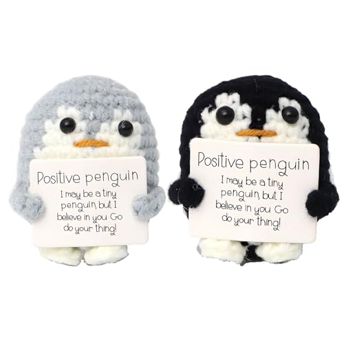 2 Stück Mini Funny Positive Penguin Set, 3 Zoll Süßes Gestricktes Positiver Pinguin, Pinguin Spielzeug mit Support-Karte für Freunde Ermutigung Party-Dekoration, Jubelndes Geschenk (Schwarz+Grau) von DALAETUS