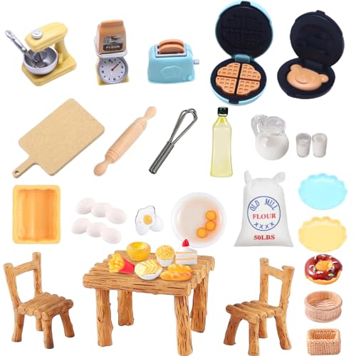 37 Stück Mini Wichtel Zubehör Set, Miniatur Puppenhaus Zubehör, 1/12 Miniatur Lebensmittel, DIY Mini Brot Milch Eier Tassen Teller Löffel für Wichteltür Weihnachten Deko von DALAETUS