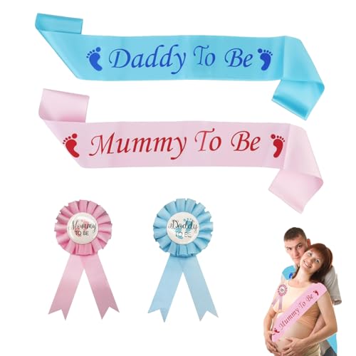 4 Stück Baby Shower Deko Set für Baby Party Feier Dekoration,Satin Babydusche Schärpen für Werdende Mama und Papa,Rosa und Blau Werdende Eltern Schultergurt für Baby Willkommensparty Accessoires von DALAETUS