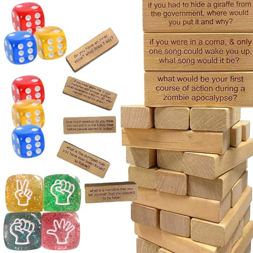 64 Stück Tumbling Tower und Würfel Set, Ice Breaker Questions Game für Familie und Erwachsene, 6-Seitig Würfel mit Stein Papier Schere, für Würfelspiele von DALAETUS