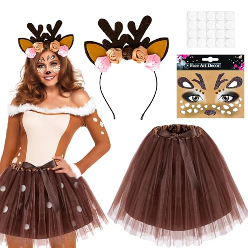 Reh Kostüm Damen, Rentier Karneval Damenkostüm mit Geweih Haarband, Tüllrock Brauner Tutu Rock, Rentier Gesicht Tattoos, Bambi Kostüm Damen für Fasching Karneval Cosplay Mottoparty von DAMIGHT