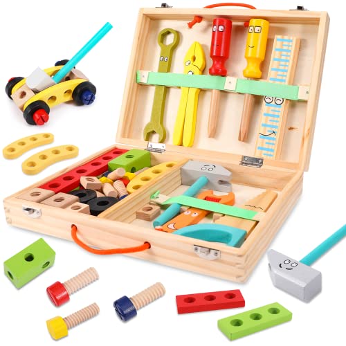 Spielzeug ab 3 Jahre, Geschenk Junge/Mädchen 5 Jahre,Werkzeugkoffer Kinder Holzspielzeug mit Holzkiste Kinderspielzeug, Montessori Spielzeug ab 3 4 5 6 Jahre für Jungen Mädchen von DAMIII