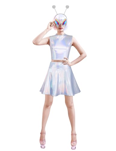 DANBAIEGG Alien Kostüm Damen Metallic Weste Plissee Kleid mit Kopfbedeckung und Brille Weltraumcharakter Halloween Cosplay Kleid (Weiß, L) von DANBAIEGG