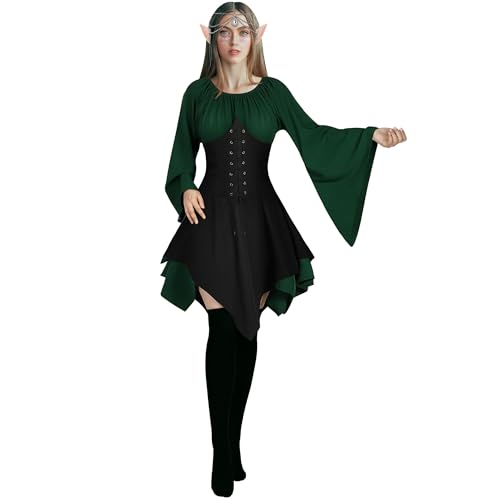 DANBAIEGG Mittelalterliches Elfenkostüm-Set für Damen, Renaissance-Kleid, Elfenmädchen, Renaissance, traditionelles irisches Kleid, Feenkostüm (Grün, L) von DANBAIEGG