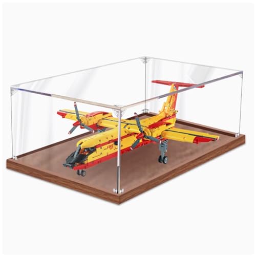 Acryl-Vitrine Box kompatibel mit Lego 42152 Feuerwehrflugzeugmodell, Schutzvitrine Geschenkmodell, transparent, kompatibel mit Lego (nur Vitrine) (gebürsteter Holzsockel) von DANRUN