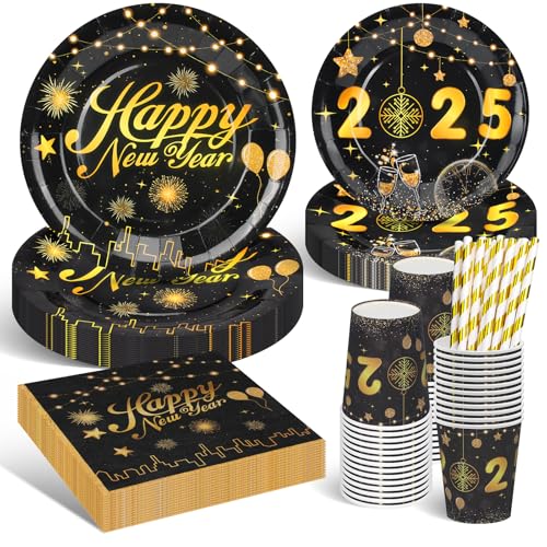 DANXIAN 2025 Silvester Partygeschirr Set, 2025 Happy New Year Partygeschirr Schwarz Gold, Neujahr Partygeschirr Kit für Geburtstagsdeko Junge Mädchen Partys 20 Gäste von DANXIAN