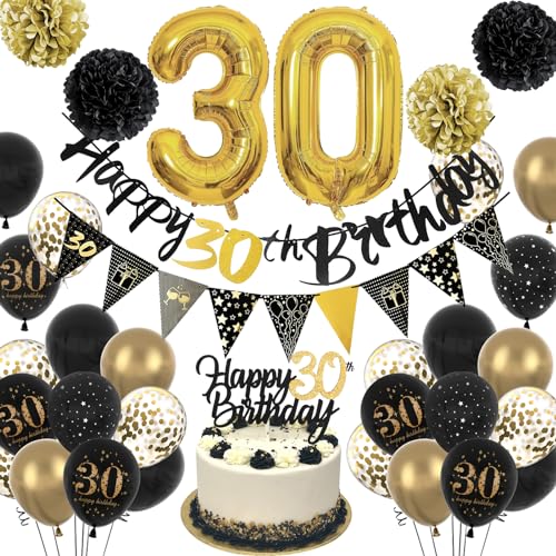 Geburtstagsdeko 30 Mann Frauen Schwarz Gold Deko 30. Geburtstag mit Happy Birthday Girlande, Deko 30. Geburtstag Luftballons für 30. Geburtstag Dekorationen von DANXIAN