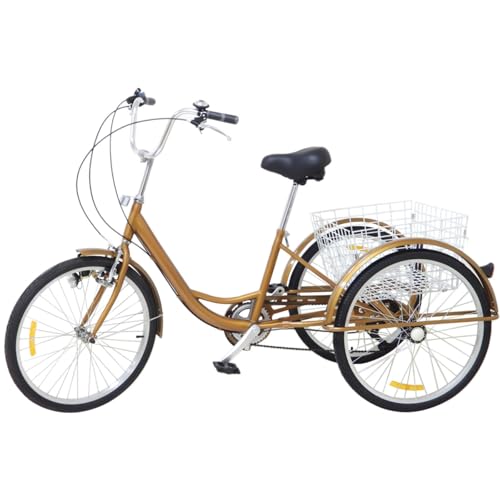 DAOHHFO 24 Zoll Dreirad für Erwachsene mit 6 Gängen Dreirad Tricycle mit Einkaufskorb für Senioren Erwachsene, Teenager, Jungen und Mädchen die Reiten Wollen Gold (EU-Stock) von DAOHHFO