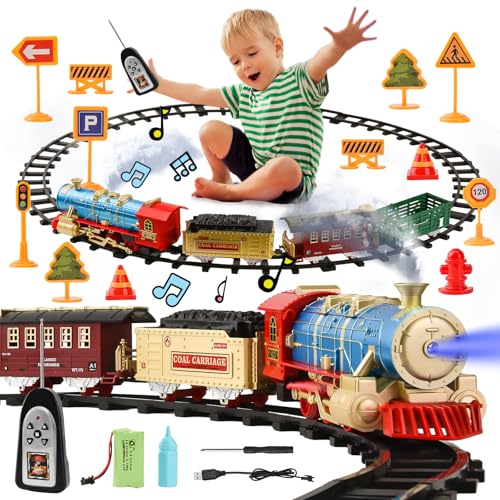 DAOUZL Elektrischer Zug für Kinder,Spielzeugeisenbahn mit Rauch,Licht und Sound,Playmobil Eisenbahn,Weihnachtszug Elektrisch,Elektrische Eisenbahn,Elektrischer Zug Spielzeug für Kinder ab 5 Jahren (A) von DAOUZL