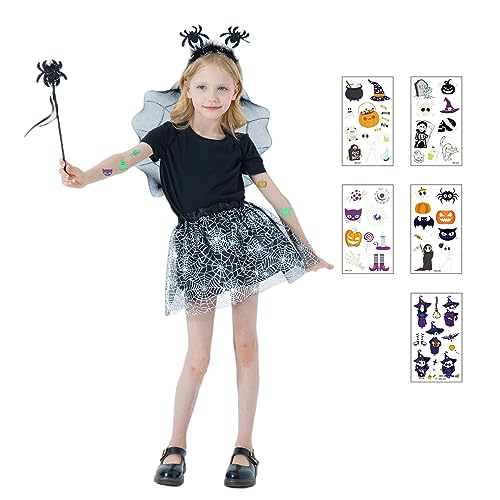 DAOUZL Fledermaus Kostüm Kinder, Spinne Kostüm Kinder mit Tiara Stab Flügel Tutu Tattoo, Kostüm Halloween Mädchen, Halloween Kostüm Spinne, Spinne Kostüm Kinder für Halloween Karneval Cosplay von DAOUZL