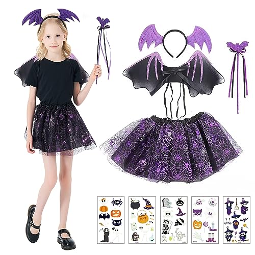 DAOUZL Fledermaus Kostüm Mädchen, Halloween Kostüm Kinder, Fledermaus Kostüm Set in Violett und schwarz, mit Leuchtende Aufkleber, Fledermaus Kostüm Kinder für Halloween Karneval Cosplay Party von DAOUZL