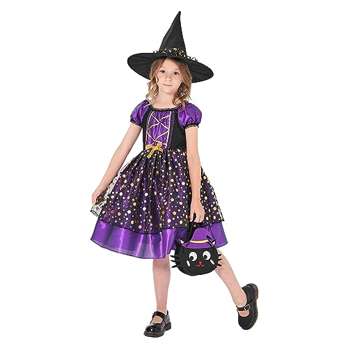 DAOUZL Hexenkostüm Kinder Mädchen, Halloween Hexe Kostüm mit Hexenhut und Halloween Katze Süßigkeiten Tasche, Mädchen Kostüm Halloween, Mädchen Hexen Kostüm für Halloween Karneval (M) von DAOUZL