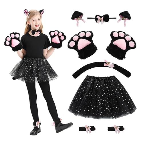 DAOUZL Katzenkostüm Kinder, 9 Stück katzen kostüm, Katze Cosplay Set mit Tutu Rock Schwanz Fliege Katzenpfoten Handschuhe Ohren, Tierkostüm Set für Kinder für Halloween Fasching Karneval (Schwarz) von DAOUZL