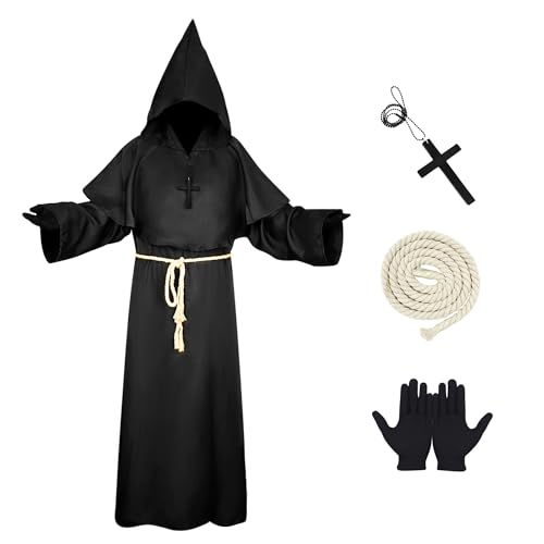 DAOUZL Mönch Robe Kostüm, Priester Robe Kostüm, Halloween Mönch Robe Priester Kostüm, Mönch Priester Gewand Kostüm mit Kapuze, Mittelalter Renaissance Robe für Halloween Karneval Cosplay (Schwarz,S) von DAOUZL