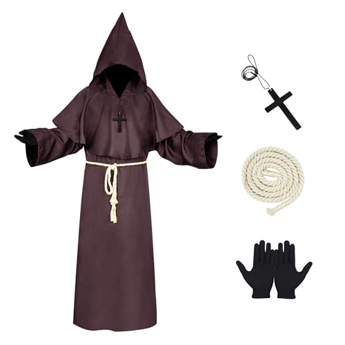 DAOUZL Mönch Robe Kostüm, Priester Robe Kostüm, Halloween Mönch Robe Priester Kostüm, Mönch Priester Gewand Kostüm mit Kapuze, Mittelalter Renaissance Robe für Halloween Karneval Cosplay (Braun,L) von DAOUZL