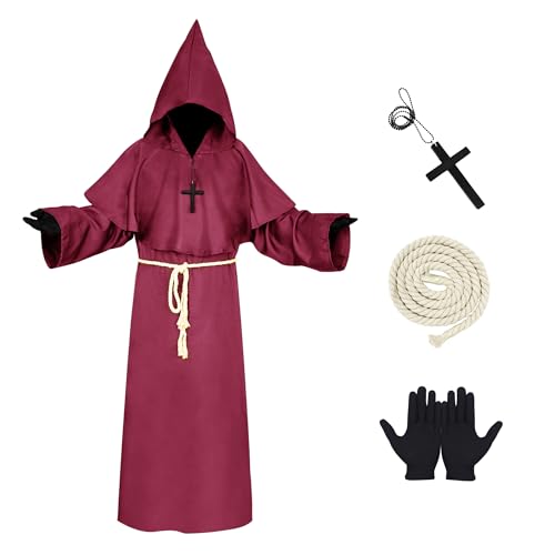 DAOUZL Mönch Robe Kostüm, Priester Robe Kostüm, Halloween Mönch Robe Priester Kostüm, Mönch Priester Gewand Kostüm mit Kapuze, Mittelalter Renaissance Robe für Halloween Karneval Cosplay (Rot,XL) von DAOUZL