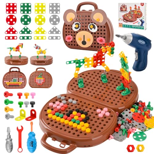 DAOUZL Montessori Spielzeugkiste mit Bohrmaschine, Magische Montessori-Spielzeugkiste, Mosaik Puzzle Spielzeug Bohrer Schraube Werkzeug Set, Montessori Spielzeug ab 3 Jahre (D) von DAOUZL