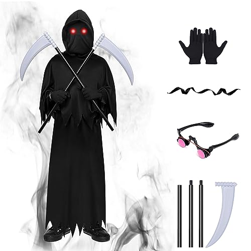 DAOUZL Sensenmann Kostüm mit Doppelsensen, Halloween Sensenmann Cosplay Set, Leuchtend Roten Augen, Gruselige Halloween Kostüm Sensenmann Kinder für Halloween Karneval Cosplay (S) von DAOUZL