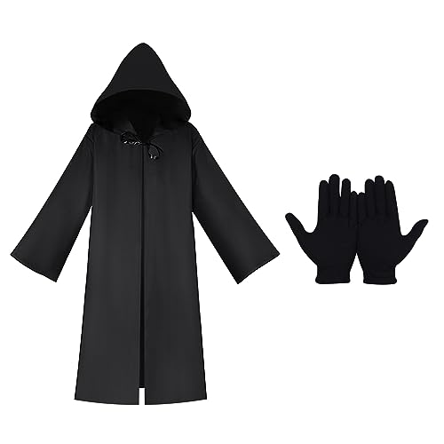 DAOUZL Umhang mit Kapuze, Halloween Kostüm Erwachsene, Männer Jedi Kapuzenrobe mit Schwarze Handschuhe, Kostüm Herren Robe mit Kapuze für Halloween Karneval Fasching Cosplay (3XL) von DAOUZL