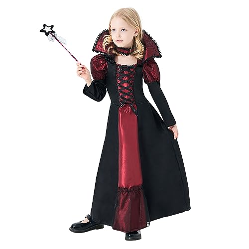 DAOUZL Vampirkostüm Mädchen, Halloween Kostüm Vampir für Kinder Mädchen, Vampir Kostüm Kinder, Royal Vampir Kostüm Gothic Vampirkostüm für Halloween Dekoration Cosplay Karneval (M) von DAOUZL