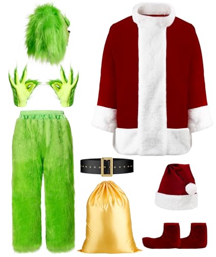 DASELEA Weihnachtsmann-Kostüm mit Maske, Halloween-Kostüme für Erwachsene für Herren, 8-teiliges Deluxe-lustiges Cosplay-Weihnachtsmann-Outfit., Grün , L von DASELEA