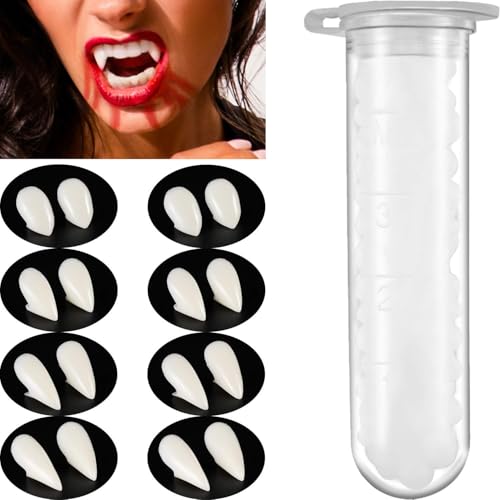 DASHUAIGE 8 Stück Vampirzähne Kit 4 Größen benutzerdefinierte Reißzähne Vampirzähne gefälschte Zahnersatz mit 1 Tube Zähne Pellets Klebstoff für Cosplay Party Requisiten Halloween Party Reißzähne von DASHUAIGE