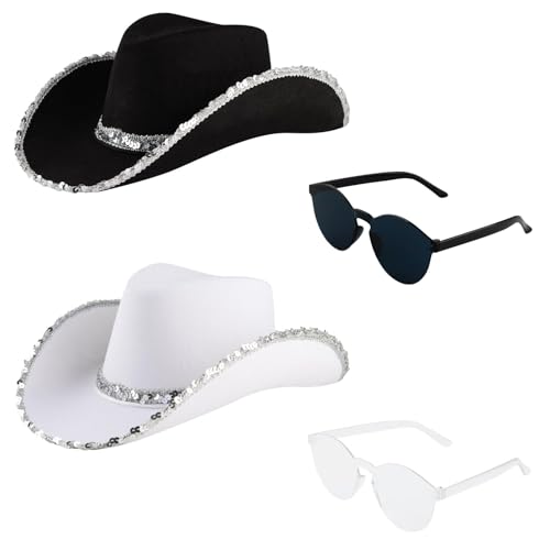 DASHUAIGE Cowgirl-Hüte, 2 Paar, Brille, Western-Thema, Junggesellinnenabschied, Kostüm, Zubehör für Damen, Festival, Cowboy-Kostüm, Zubehör (2, Schwarz/Weiß, 38 x 30 x 13 cm) von DASHUAIGE