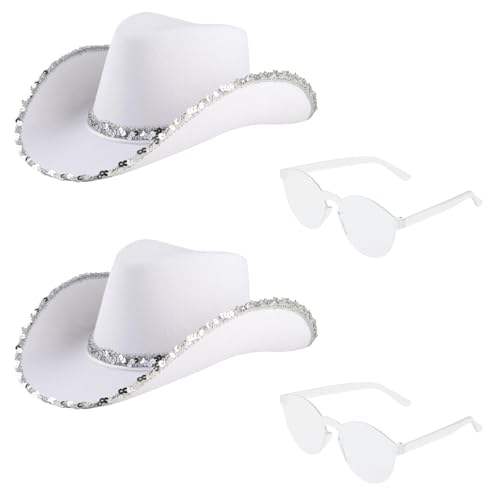 DASHUAIGE Cowgirl-Hüte, 2 Paar, Brille, Western-Thema, Junggesellinnenabschied, Kostümzubehör für Damen, Festival, Cowboy-Kostüm, Zubehör (2, Weiß, 38 x 30 x 13 cm) von DASHUAIGE