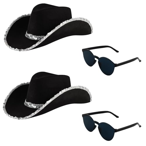 DASHUAIGE Cowgirl-Hüte, 2 Paar, Brille, Western-Thema, Junggesellinnenabschied, Kostümzubehör für Damen, Festival, Cowboy-Kostüm, Zubehör (2, schwarz, 38 x 30 x 13 cm) von DASHUAIGE