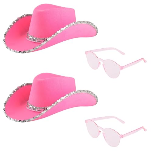 DASHUAIGE Cowgirl-Hüte, 2 Paar Brillen, Western-Thema, Junggesellinnenabschied, Kostüm, Damen, Festival, Cowboy-Kostüm, Zubehör (2 x Rosa) von DASHUAIGE