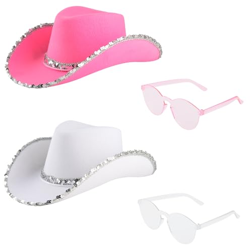 DASHUAIGE Cowgirl-Hüte, 2 Paar Brillen, Western-Thema, Junggesellinnenabschied, Kostüm, Zubehör für Damen, Festival, Cowboy-Kostüm, Zubehör (2, Rosa/Weiß, 38 x 30 x 13 cm) von DASHUAIGE