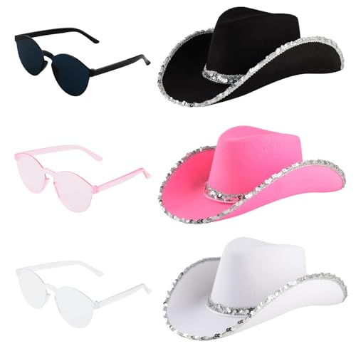 DASHUAIGE Cowgirl-Hüte, 2 Paar Brillen, Western-Thema, Junggesellinnenabschied, Kostüm, Zubehör für Damen, Festival, Cowboy-Kostüm, Zubehör (3, Schwarz/Rosa/Weiß, 38 x 30 x 13 cm) von DASHUAIGE