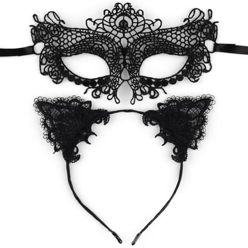 DASHUAIGE Katzenohren Haarreif Venezianische Maske Schwarz Katzenkostüm Catwoman Damen Halloween Karneval Accessoires von DASHUAIGE