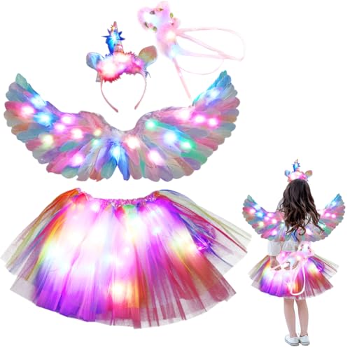 DASIAUTOEM 4 Stück Leuchtend Mädchen Prinzessin Kleid, Bunt Federflügel Engelsflügel LED Tüllrock Mädchen Kinder Kostüm für Halloween Karneval Cosplay Weihnachten Geburtstag Party von DASIAUTOEM