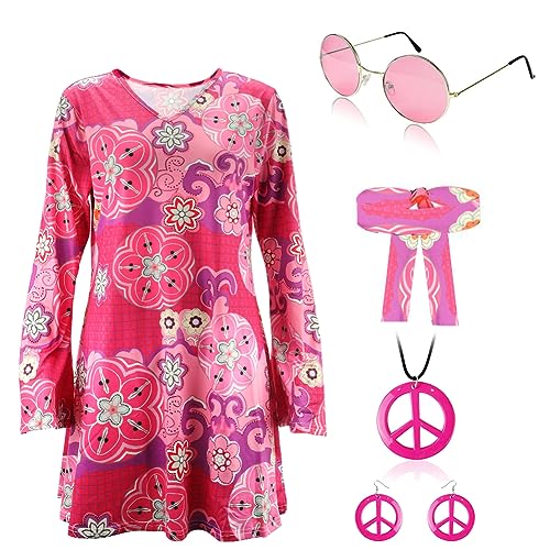 DASIAUTOEM 5 Stück Hippie Kostüm Damen Set, 60 er 70er Hippie Kleid Set, Hippie Kleidung Damen, Hippie Kleid, Kleid Damen Disco Outfit Faschingskostüm Mädchen für Karneval Party(M) von DASIAUTOEM