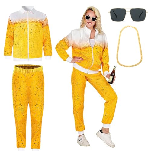 DASIAUTOEM Bier Trainingsanzug Kostüm Herren Damen, 80er Jahre Outfit Golden Brille Halskette Bierkostüm Jogginganzug Retro Kostüm Trainingsanzug für Motto Party, Karneval, Vintage Party-Outfit (XXL) von DASIAUTOEM