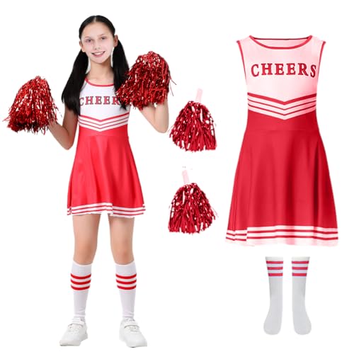 DASIAUTOEM Cheerleader Kostüm Kinder, Cheerleadering Outfit Mädchen, Karneval Kinderkostüm Cheerleader, Cheer Uniformen mit Pompons Socken für Karneval (Rot, 120) von DASIAUTOEM