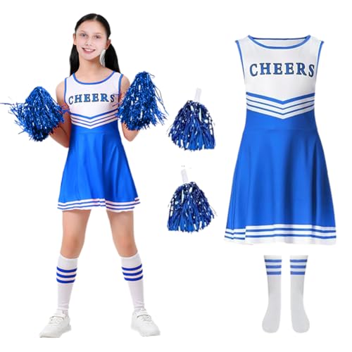 DASIAUTOEM Cheerleader Kostüm für Mädchen, Kinderkostüm Cheerleader Kleid mit Pompoms, Socken und Haarzubehör Süßes Cheerleading-Outfit für Karneval Party Dress Up Maskerade Weihnachten (Blau 130) von DASIAUTOEM