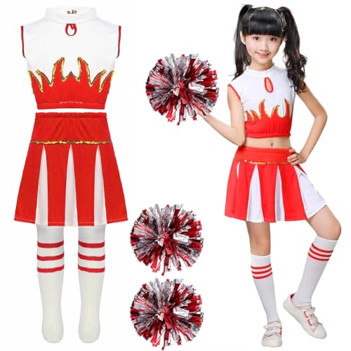 DASIAUTOEM Cheerleader Kostüm für Mädchen, Kinderkostüm Cheerleader Kleid mit Pompoms, Socken und Haarzubehör Süßes Cheerleading-Outfit für Karneval Party Weihnachten Fasching Party Kostüm (Rot 150) von DASIAUTOEM