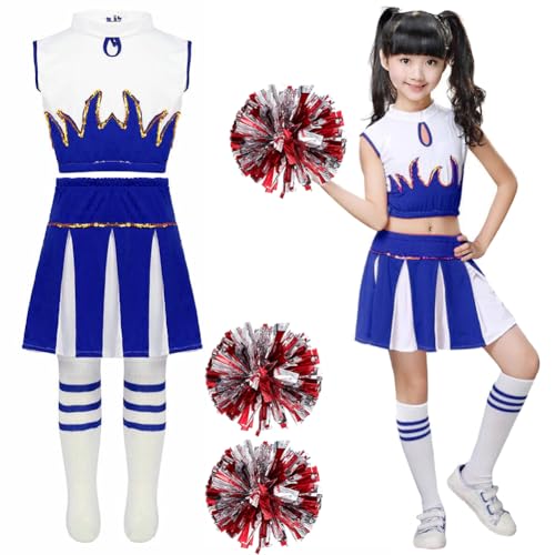 DASIAUTOEM Cheerleader Kostüm für Mädchen, Kinderkostüm Cheerleader Kleid mit Pompoms, Socken und Haarzubehör Süßes Cheerleading-Outfit für Karneval Party Weihnachten Fasching Party Kostüm (Blau 150) von DASIAUTOEM