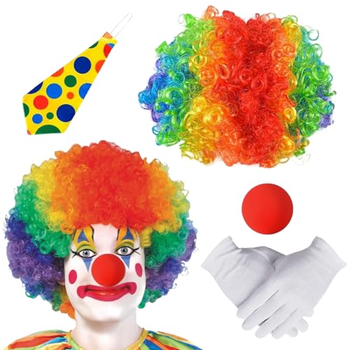 DASIAUTOEM Clown Kostüm Accessoire, 4 Stück Clown Kostüm Set, Clown Lockenperücke + Clownsnase + Bunte Krawatte + Handschuhe, Fasching für Kinder Damen Herren, Arty Event, Karnevals Kostüm Cosplay von DASIAUTOEM