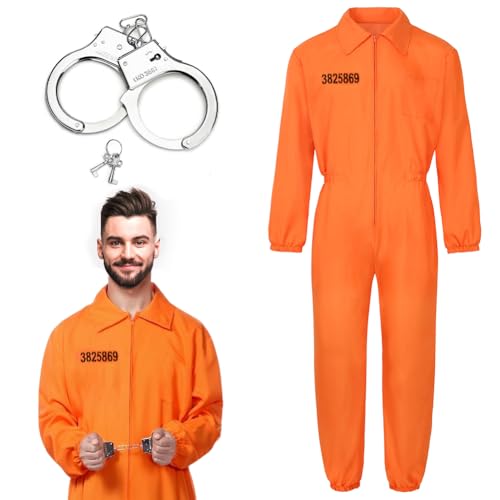 DASIAUTOEM Häftling Kostüm, Sträfling Kostüm für Herren und Damen für Karneval, Unisex Orange Sträfling Gefangener Kostüm Faschingskostüme, Karneval Cosplay für Sträflinge, Gefangene, und Räuber (L) von DASIAUTOEM