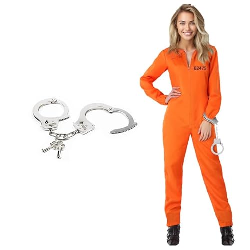 DASIAUTOEM Häftling Kostüm, Unisex Orange Sträfling Gefangener Kostüm Faschingskostüme Herren Damen Sträfling Gefangene Kostüm mit Handschellen Karneval Cosplay für Sträflinge und Räuber (M-L) von DASIAUTOEM