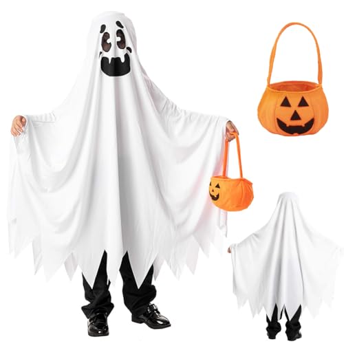 DASIAUTOEM Halloween Geister Kostüm Kinder, Geist Umhang Gespenst mit Kürbistasche, Halloween Lustige Umhang Kostüm Süßes oder Saures für Jungen, Mädchen, Halloween Party Cosplay (Baumwolle) von DASIAUTOEM